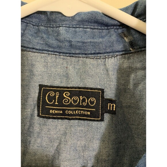 CI SONO Denim Collection Blue Snap Front Sleeveless Top Size M 100% Cotton Lace - Picture 2 of 6